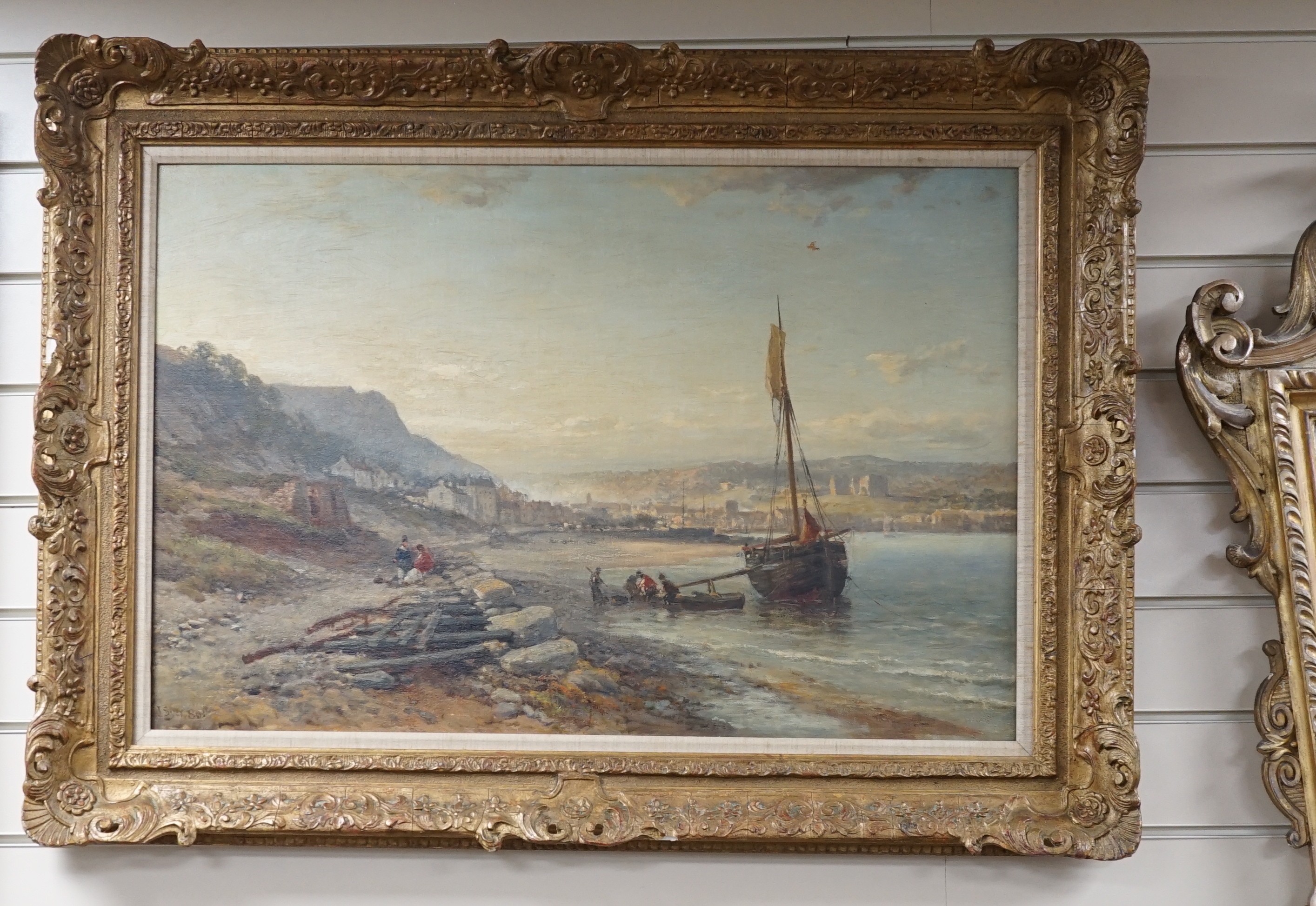 John Syer (1815-1885), oil on canvas, Fisherfolk at low tide, signed and dated '80, 50 x 75cm